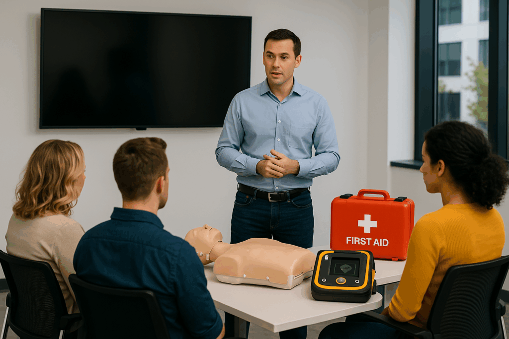 Lezione di primo soccorso in azienda con kit e defibrillatore